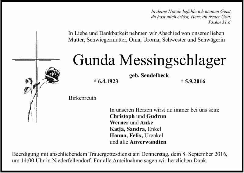  Traueranzeige für Gunda Messingschlager vom 06.09.2016 aus MGO