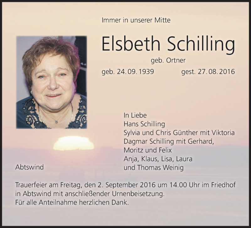  Traueranzeige für Elsbeth Schilling vom 01.09.2016 aus MGO