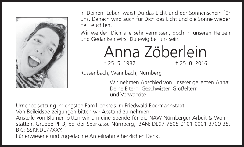  Traueranzeige für Anna Zöberlein vom 03.09.2016 aus MGO