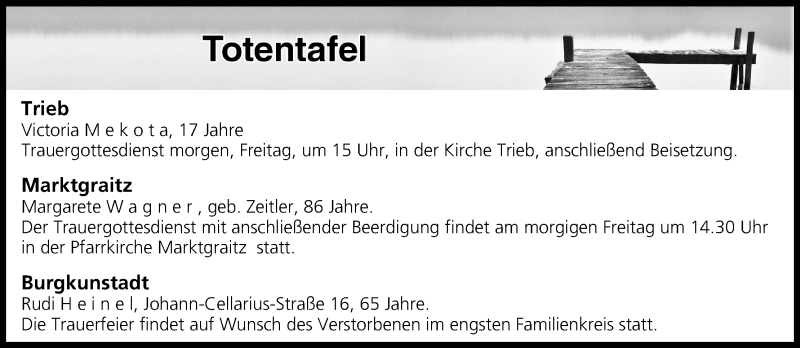  Traueranzeige für Totentafel vom 22.09.2016 vom 22.09.2016 aus MGO
