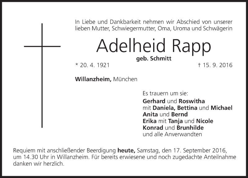  Traueranzeige für Adelheid Rapp vom 17.09.2016 aus MGO