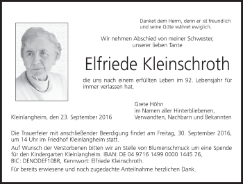 Anzeige von Elfriede Kleinschroth von MGO