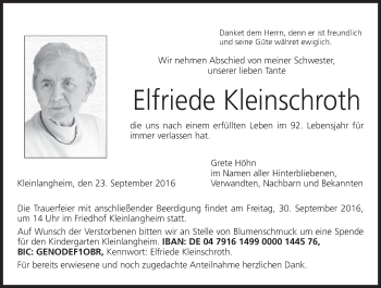 Anzeige von Elfriede Kleinschroth von MGO