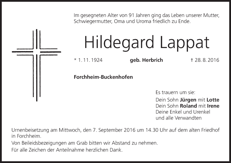  Traueranzeige für Hildegard Lappat vom 03.09.2016 aus MGO