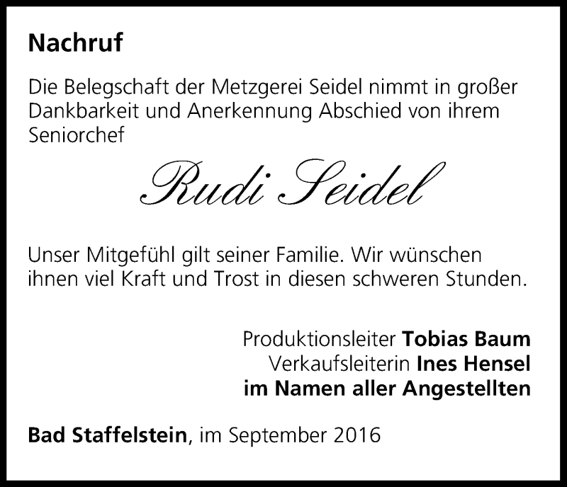  Traueranzeige für Rudi Seidel vom 21.09.2016 aus MGO