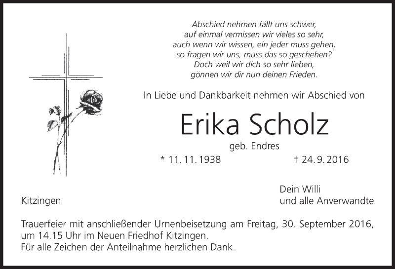  Traueranzeige für Erika Scholz vom 28.09.2016 aus MGO