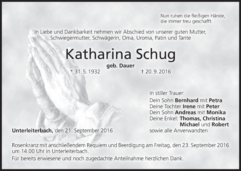  Traueranzeige für Katharina Schug vom 21.09.2016 aus MGO