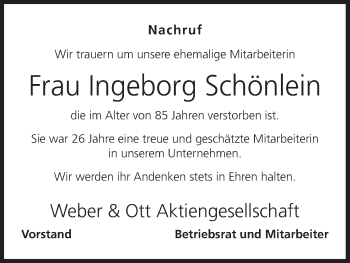 Anzeige von Ingeborg Schönlein von MGO