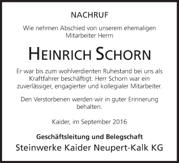 Anzeige von Heinrich Schorn von MGO