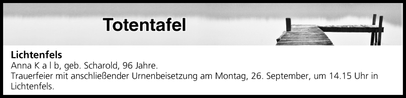  Traueranzeige für Totentafel 26.09.2016 vom 24.09.2016 aus MGO