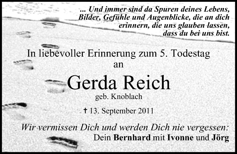  Traueranzeige für Gerda Reich vom 13.09.2016 aus MGO
