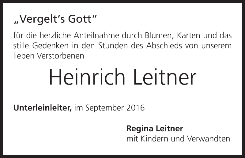  Traueranzeige für Heinrich Leitner vom 24.09.2016 aus MGO