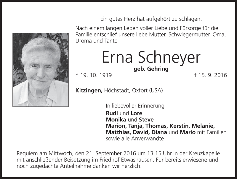  Traueranzeige für Erna Schneyer vom 19.09.2016 aus MGO
