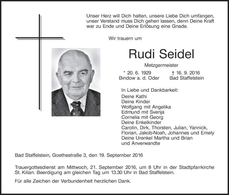  Traueranzeige für Rudi Seidel vom 19.09.2016 aus MGO