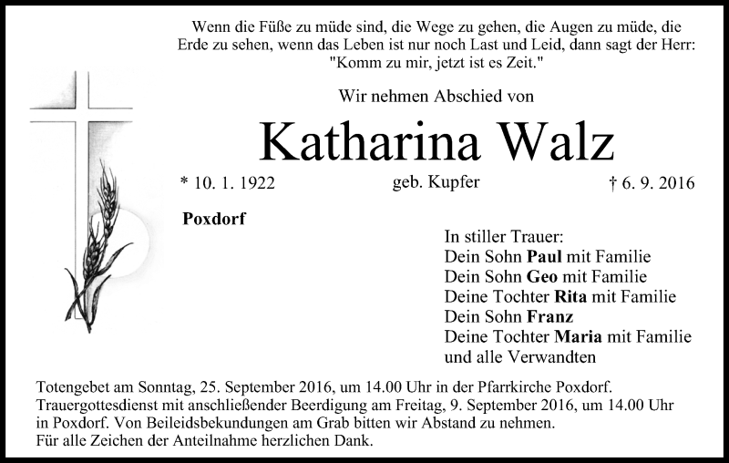  Traueranzeige für Katharina Walz vom 08.09.2016 aus MGO