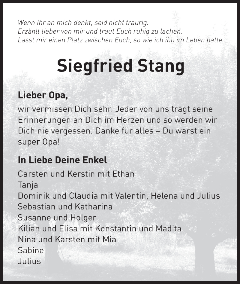  Traueranzeige für Siegfried Stang vom 14.09.2016 aus MGO