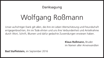 Anzeige von Wolfgang Roßmann von MGO