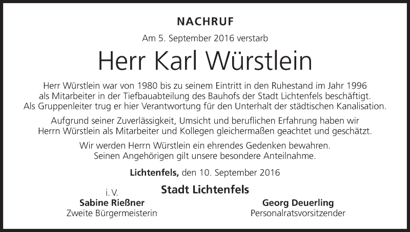  Traueranzeige für Karl Würstlein vom 09.09.2016 aus MGO