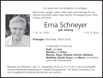 Anzeige von Erna Schneyer von MGO