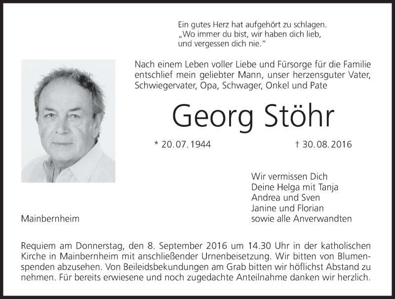  Traueranzeige für Georg Stöhr vom 05.09.2016 aus MGO