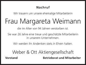 Anzeige von Margareta Weimann von MGO