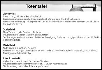 Anzeige von Totentafel vom 13.09.2016 von MGO