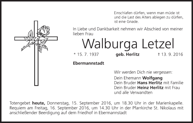  Traueranzeige für Walburga Letzel vom 15.09.2016 aus MGO