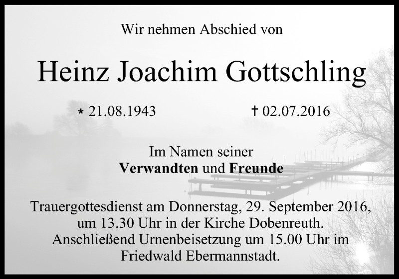  Traueranzeige für Heinz Joachim Gottschling vom 24.09.2016 aus MGO