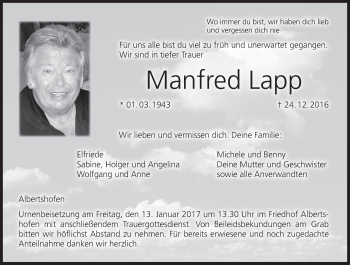 Anzeige von Manfred Lapp von MGO