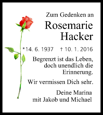 Anzeige von Rosemarie Hacker von MGO