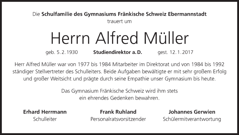  Traueranzeige für Alfred Müller vom 17.01.2017 aus MGO