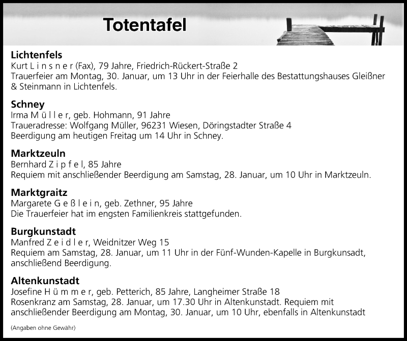  Traueranzeige für Totentafel vom 27.01.2017 vom 27.01.2017 aus MGO