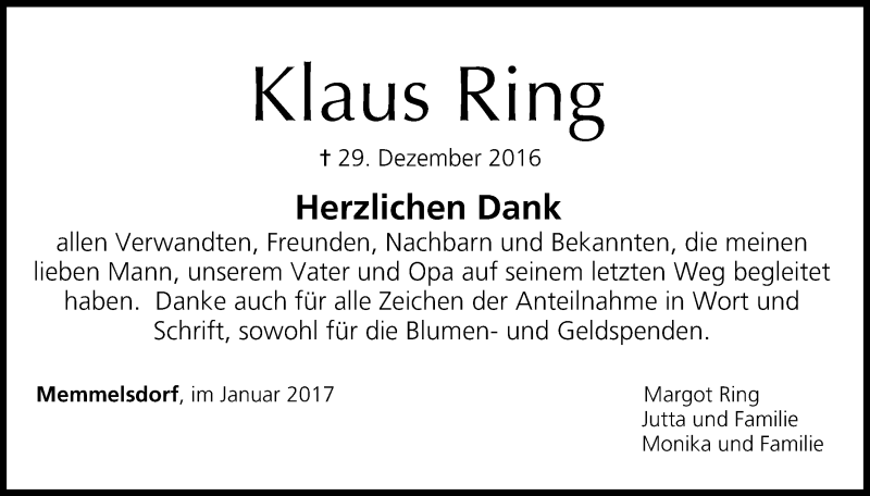  Traueranzeige für Klaus Ring vom 14.01.2017 aus MGO