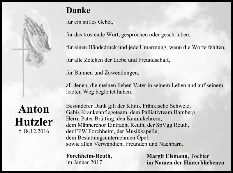  Traueranzeige für Anton Hutzler vom 21.01.2017 aus MGO
