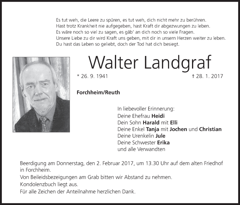  Traueranzeige für Walter Landgraf vom 31.01.2017 aus MGO