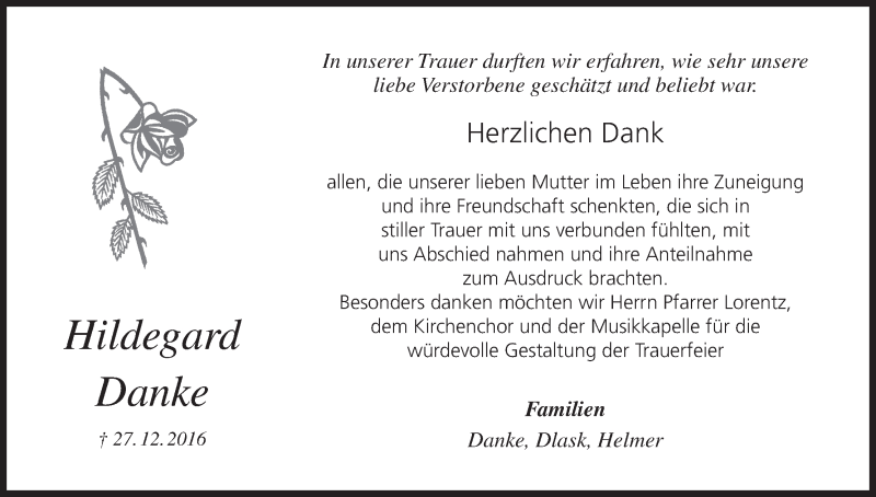  Traueranzeige für Hildegard Danke vom 20.01.2017 aus MGO