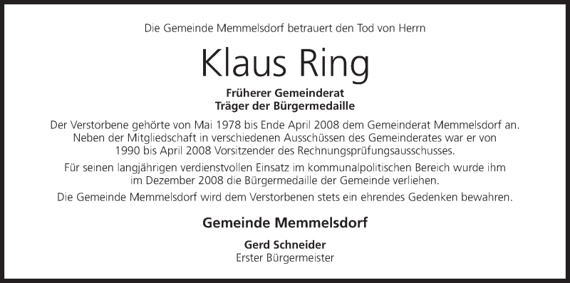  Traueranzeige für Klaus Ring vom 03.01.2017 aus MGO