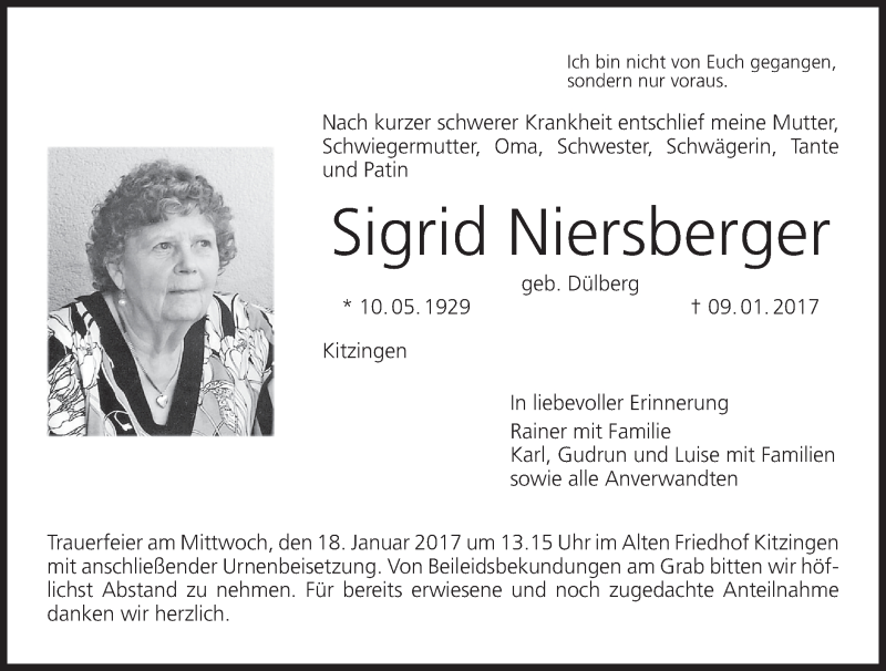  Traueranzeige für Sigrid Niersberger vom 16.01.2017 aus MGO