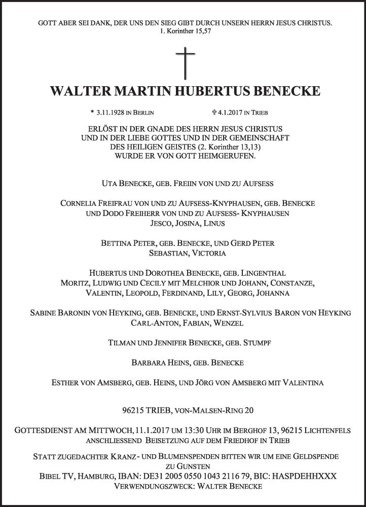  Traueranzeige für Walter Martin Hubertus Benecke vom 06.01.2017 aus MGO