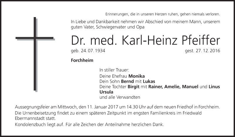  Traueranzeige für Karl-Heinz Pfeiffer vom 05.01.2017 aus MGO