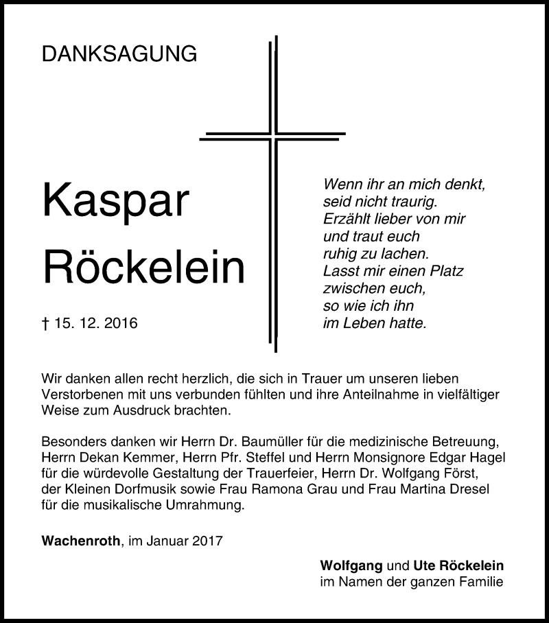  Traueranzeige für Kaspar Röckelein vom 14.01.2017 aus MGO