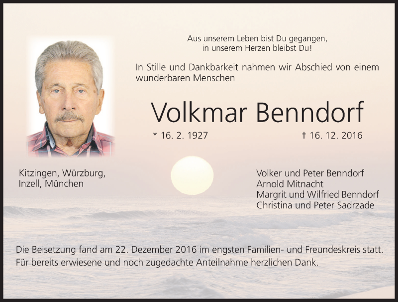  Traueranzeige für Volkmar Benndorf vom 07.01.2017 aus MGO