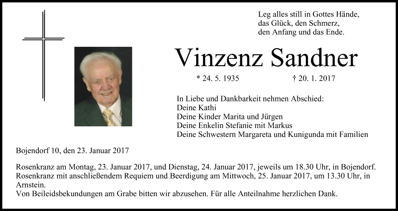  Traueranzeige für Vinzenz Sandner vom 23.01.2017 aus MGO