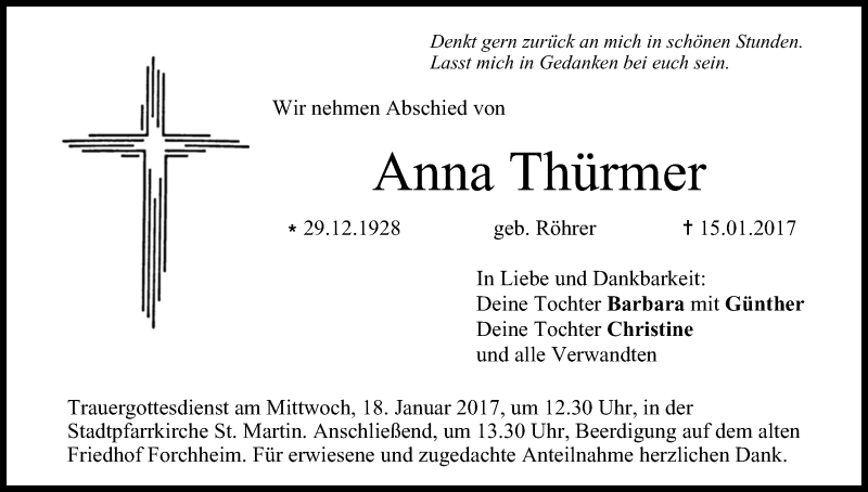  Traueranzeige für Anna Thürmer vom 17.01.2017 aus MGO