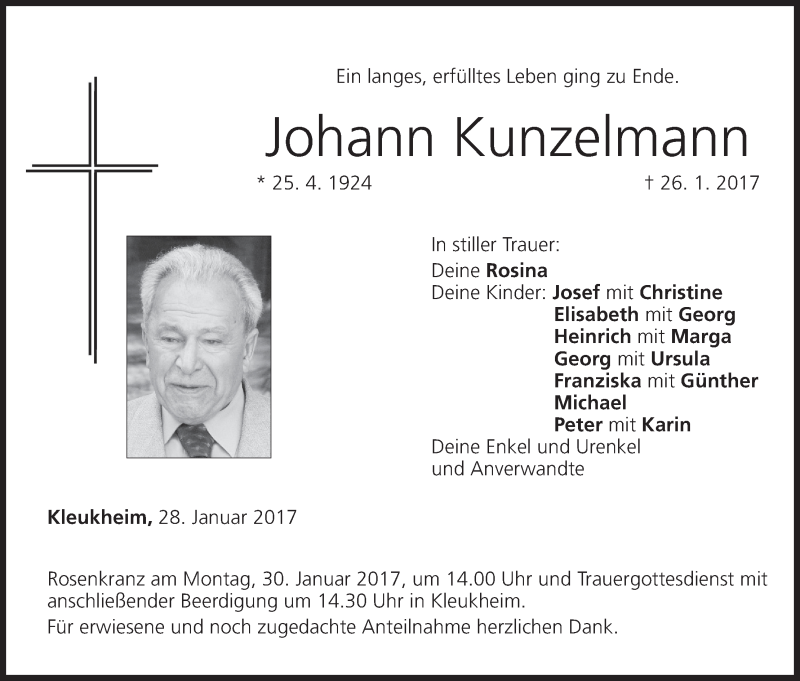  Traueranzeige für Johann Kunzelmann vom 28.01.2017 aus MGO