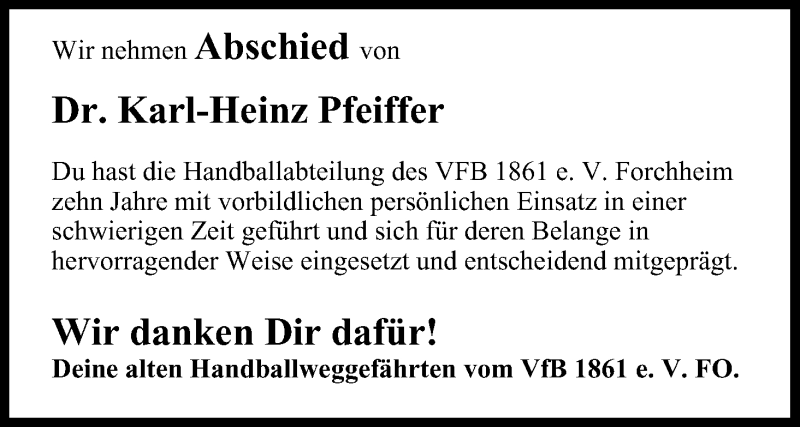  Traueranzeige für Karl-Heinz Pfeiffer vom 09.01.2017 aus MGO
