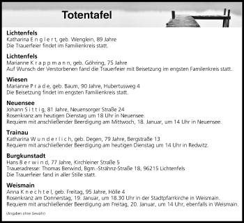 Anzeige von Totentafel vom 17.01.2017 von MGO