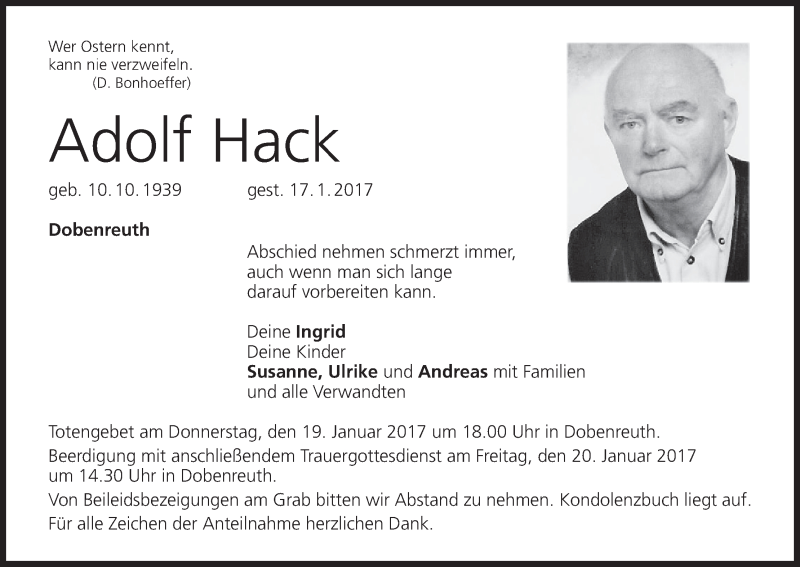  Traueranzeige für Adolf Hack vom 18.01.2017 aus MGO