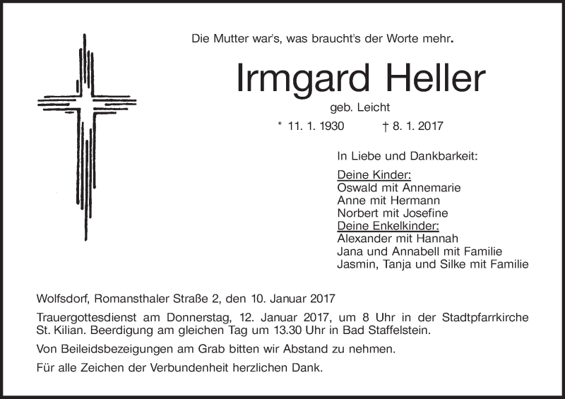  Traueranzeige für Irmgard Heller vom 10.01.2017 aus MGO