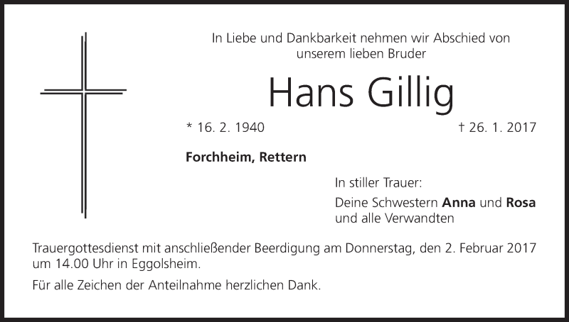  Traueranzeige für Hans Gillig vom 31.01.2017 aus MGO